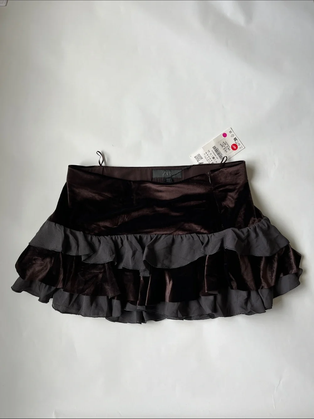 Zara Chocolate Brown Mini Skirt with Gray Ruffle Trim